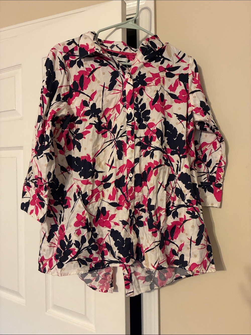 Foxcroft White Button-Down Shirt with Pink and Navy Floral Print